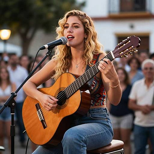 Photograph of a blonde woman with wavy hair, wearing a floral tank top and jeans, playing an acoustic guitar and singing into a microphone, with