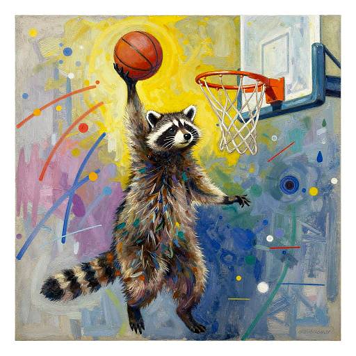 Kandinsky-Inspired Raccoon Dunking a Basketball