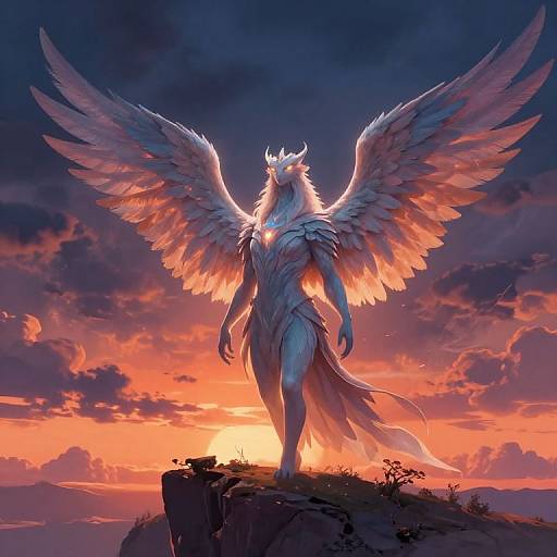 Digital fantasy art: majestic, white-winged, horned wolf-like creature stands on cliff at sunset, wings glowing with orange and pink hues, dark