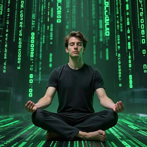 Meditating Programmer in Matrix Code