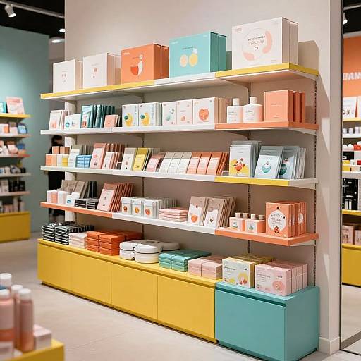 Photograph of a brightly lit, modern bookstore shelf displaying colorful books and boxed items on white shelves with yellow and blue lower cabinets.