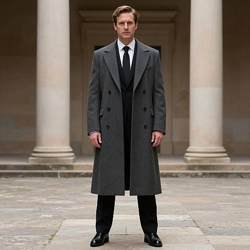 Photograph of a serious, white male with brown hair in a long, dark gray overcoat, white shirt, black tie, and black pants,