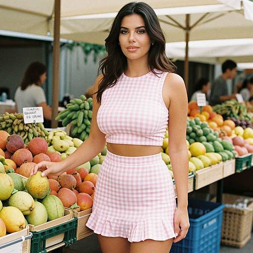 Photograph of a brunette woman with wavy hair, wearing a pink checkered crop top and skirt, standing at a vibrant fruit market stall.