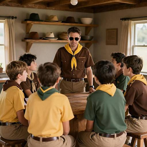 Boys in Scout Uniforms at Rustic Hut