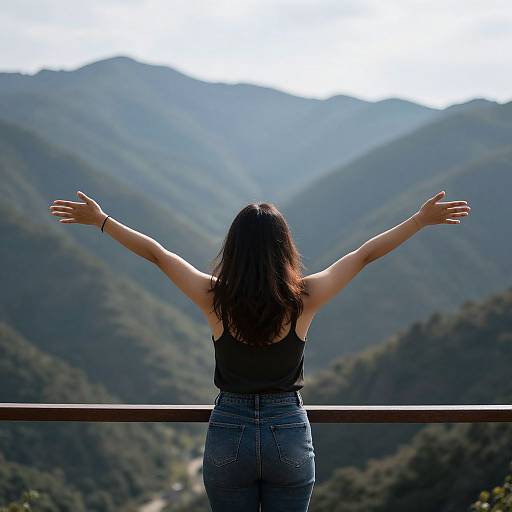 Photograph of a woman with long brown hair, wearing a black tank top and blue jeans, arms outstretched, standing on a balcony overlooking a