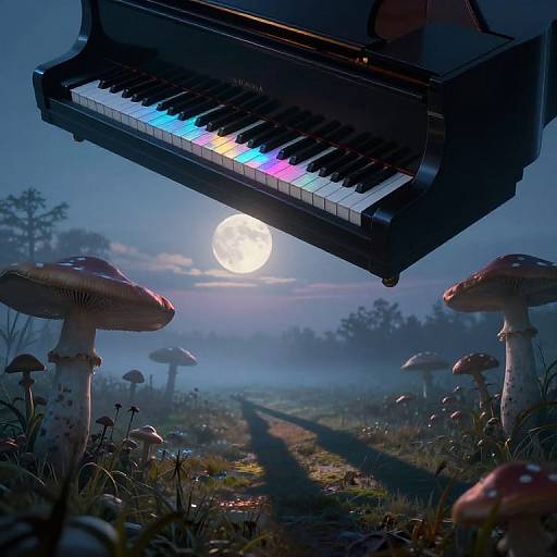 Digital art: Full moon illuminates a floating piano with colorful keys above a forest of glowing mushrooms at night. Path leads into misty woods.