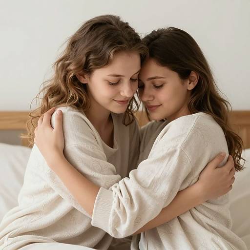 Photograph of two young women with wavy brown hair, embracing closely on a bed, wearing white, textured, long-sleeve robes, eyes