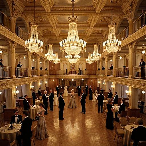 Grand ballroom photograph: elegant chandeliers, ornate gold ceiling, wooden floor, formal black-tie guests, women in gowns, round