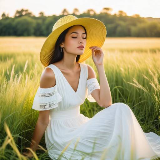 Serene Woman in White Dress and Yellow Straw Hat in Green Field