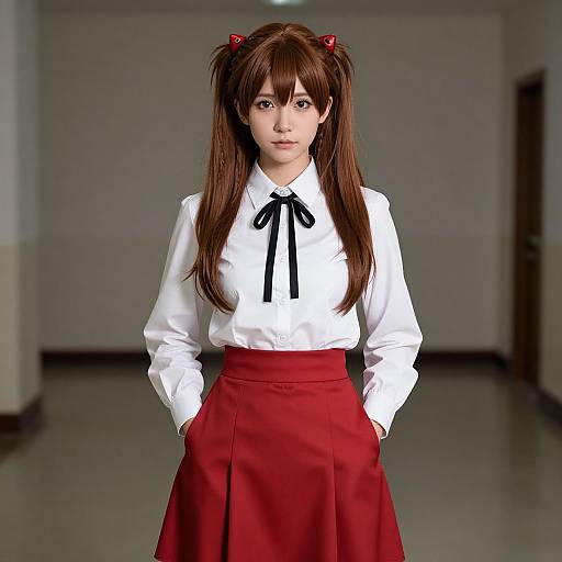 Anime-style digital illustration of a young woman with long brown hair, red hair bows, white shirt with black ribbon, and red skirt, standing in a