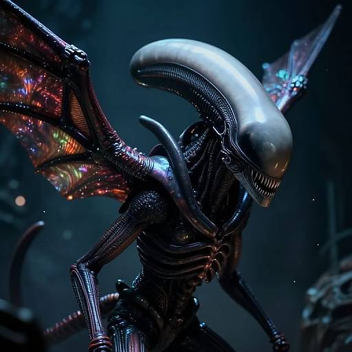 Digital CGI of a menacing Xenomorph with iridescent wings and a glossy, elongated head in a dark, foggy environment.