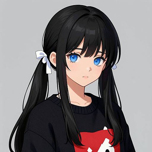 Anime-style digital drawing of a young woman with long black hair, blue eyes, wearing a black sweater with a red and white design, and white hair
