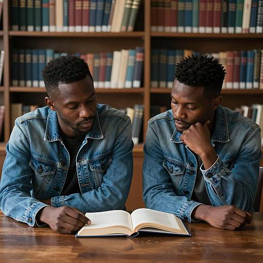 Two Men Reading Book in Library