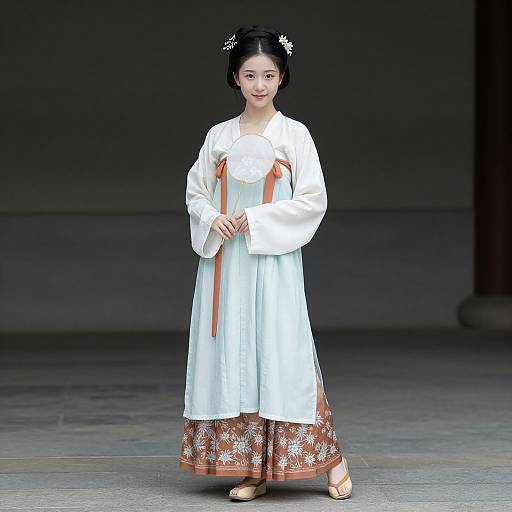 Photograph of an East Asian woman in traditional white hanbok with orange ribbons, floral-patterned skirt, and black hairpins, standing on