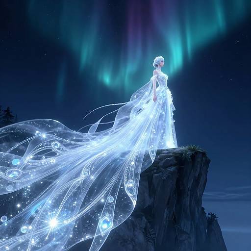 Crystal Waterfall Gown Under Aurora Sky