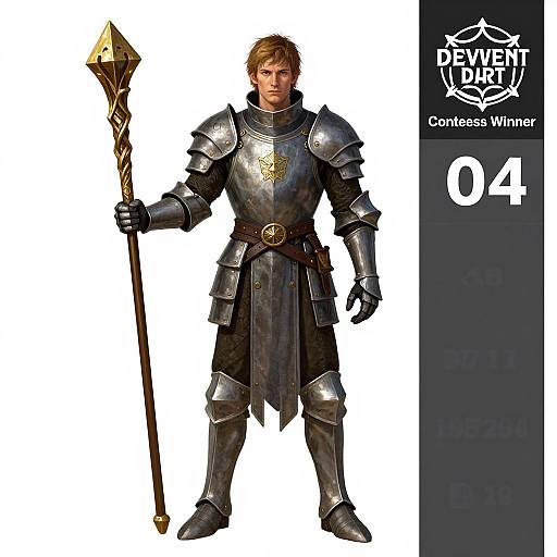 Digital artwork of a blonde male knight in shiny silver armor, holding a gold-tipped staff, with 