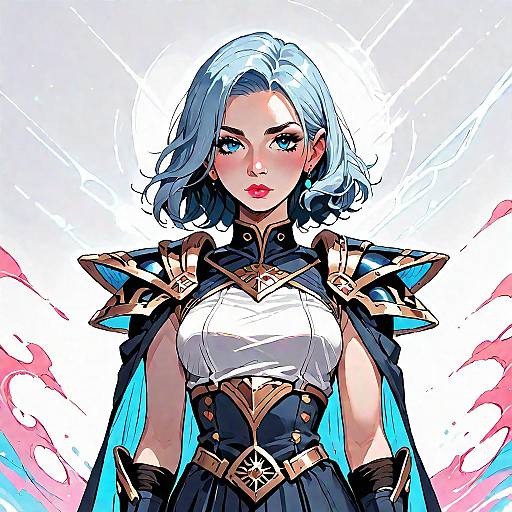Digital comic-style drawing of a blue-haired woman with striking blue eyes, wearing white and black armored attire with blue accents, against a white background with pink