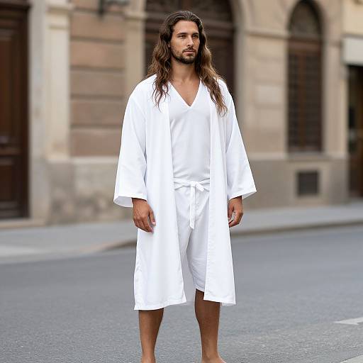 Man in White Robe on Street