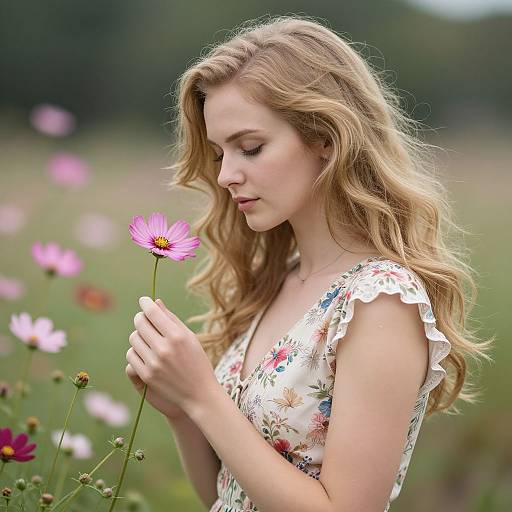 Photograph of a blonde woman with wavy hair, wearing a floral dress, gently holding a pink daisy in a field of colorful flowers.