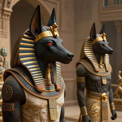 Photorealistic CGI of two black, anthropomorphic Anubis statues with red eyes, golden accents, striped nemes, and detailed ancient Egyptian attire