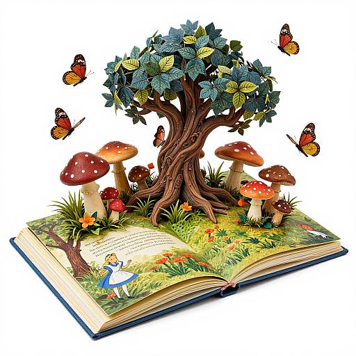 Whimsical 3D illustration of a magical tree with blue leaves, surrounded by mushrooms, butterflies, and a fairy, emerging from an open story