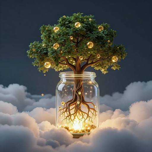 Photograph-like CGI of a glowing tree with roots in a glass jar, surrounded by floating golden bubbles and fluffy clouds.