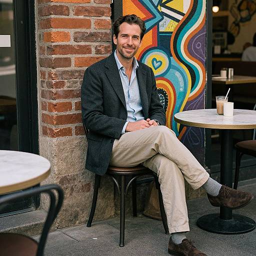 Photograph of a smiling man with dark hair, wearing a black blazer, light blue shirt, beige pants, and brown shoes, sitting at a