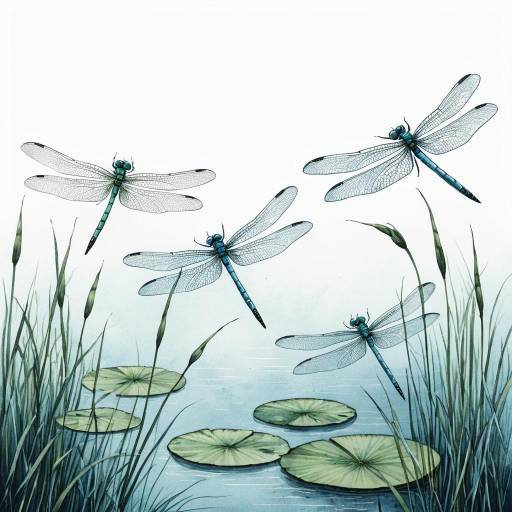 Delicate Dragonflies Over Serene Pond