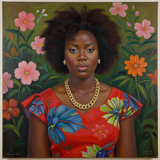 Photorealistic painting of a Black woman with dark skin and afro, wearing a red floral dress and gold necklace, surrounded by pink and orange flowers