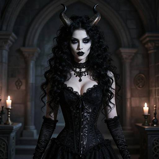 Gothic vampire woman in black lace corset, gloves, and horns, standing in dimly lit, arched stone dungeon with candles. (