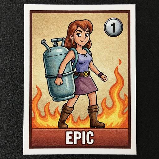 Cartoon-style drawing of a brown-haired woman in a purple tank top and skirt, brown boots, carrying a blue gas tank, walking through flames,