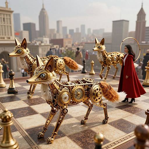 Photorealistic digital art: Golden, steampunk foxes with gears and clockwork mechanisms walk on a checkered chessboard rooftop, with a