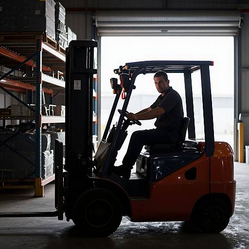 Photograph of a silhouetted male warehouse worker driving an orange forklift in a brightly lit, industrial warehouse with metal shelves.