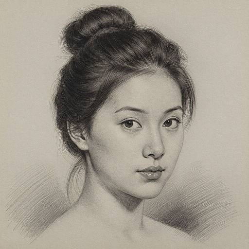 Monochrome pencil drawing of an Asian woman with delicate features, dark hair in a bun, and a subtle smile, looking softly at the viewer.