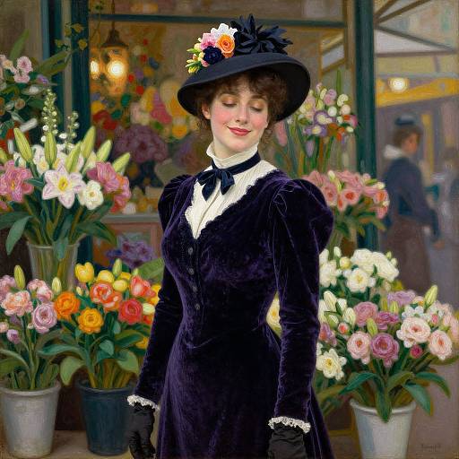 Victorian woman in black velvet dress and hat with flower, smiling among vibrant flower shop display, blurred background. Photorealistic painting.