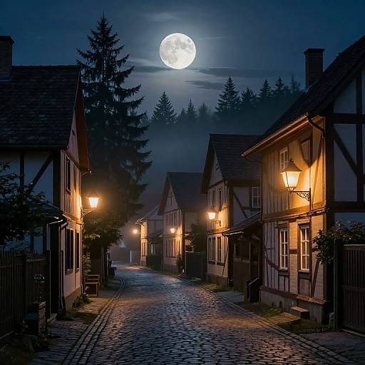 Photograph of a quaint, cobblestone street at night, illuminated by warm street lamps, with a full moon and misty forest backdrop.