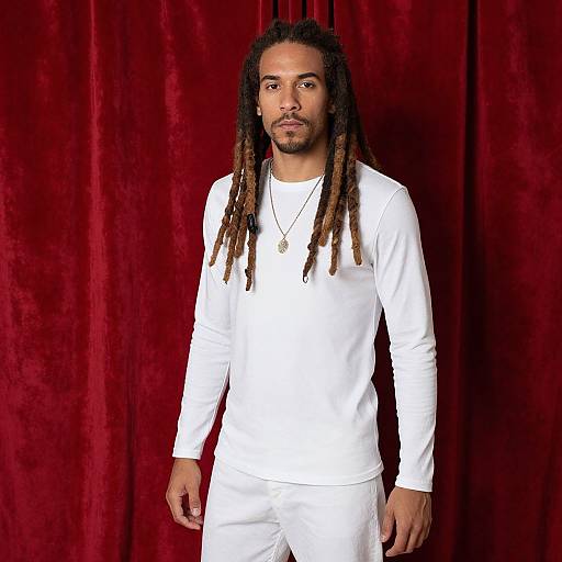 Photograph of a young Black man with long dreadlocks, wearing a white long-sleeve shirt and white pants, standing against a rich red velvet