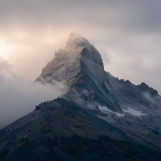 Photograph of a towering, mist-covered mountain peak bathed in soft, diffused sunlight, with dark, rocky slopes and patches of snow.