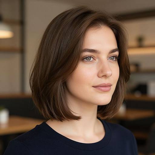 Photograph of a fair-skinned woman with shoulder-length brown hair, blue eyes, and pink lips, wearing a black top, in a softly lit