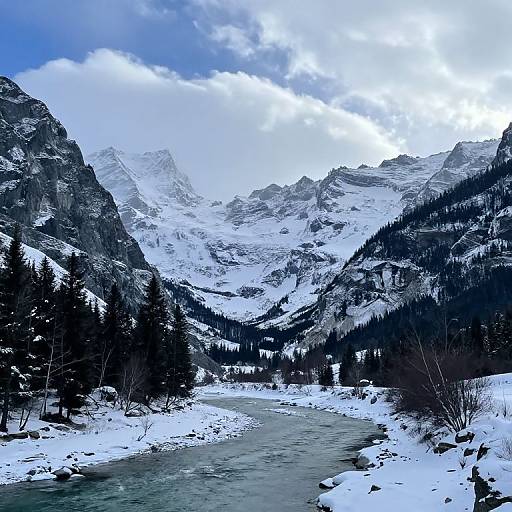 Photograph of a snow-covered mountain valley with a winding river, dark evergreen trees, and towering rocky peaks under a partly cloudy blue sky.