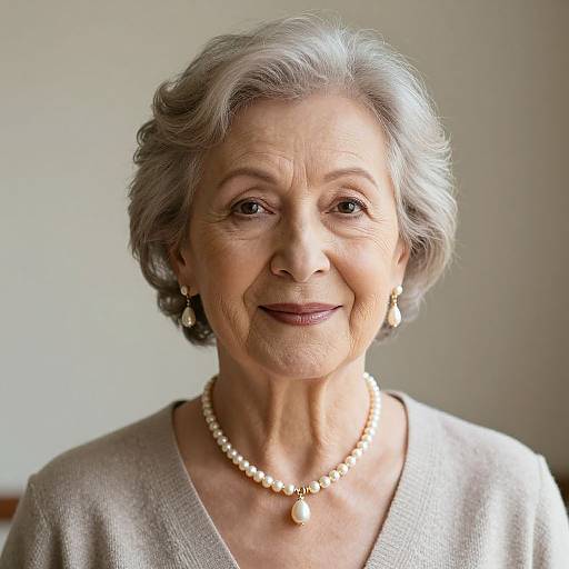 Photograph of an elderly woman with short gray hair, wearing a pearl necklace and earrings, light beige top, smiling subtly.