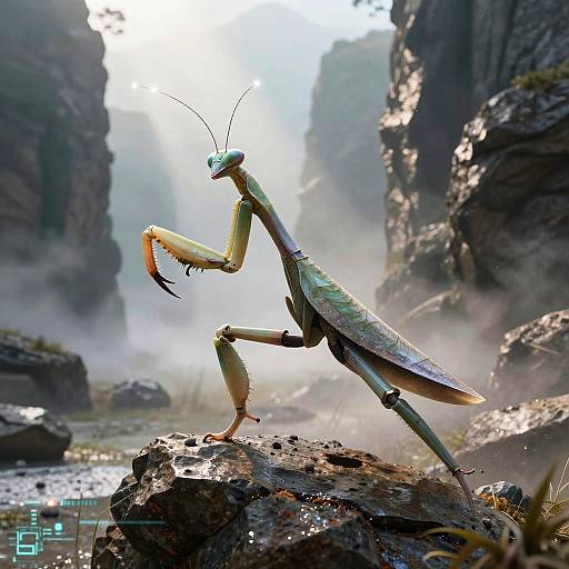 Photorealistic CGI of a green praying mantis standing on a rock in a misty, rocky canyon with sunlight filtering through.