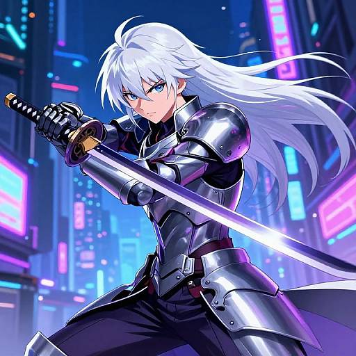 Digital anime-style drawing of a determined white-haired woman in shiny black armor, holding a glowing sword in a neon-lit futuristic city.