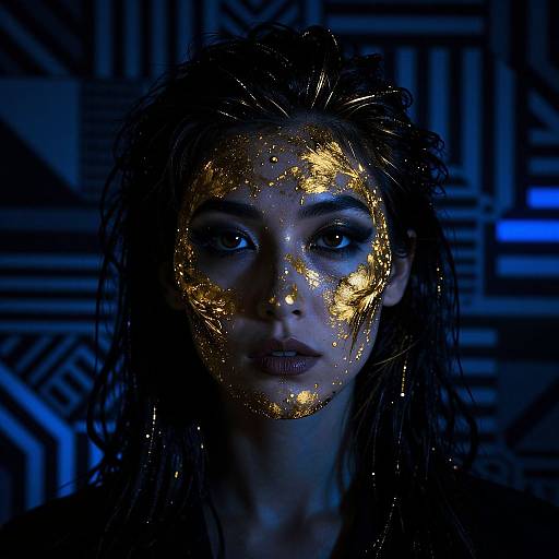 Photograph of a woman with dark, wet hair, illuminated face in gold against a blue, geometric-patterned background, creating a striking, ethereal