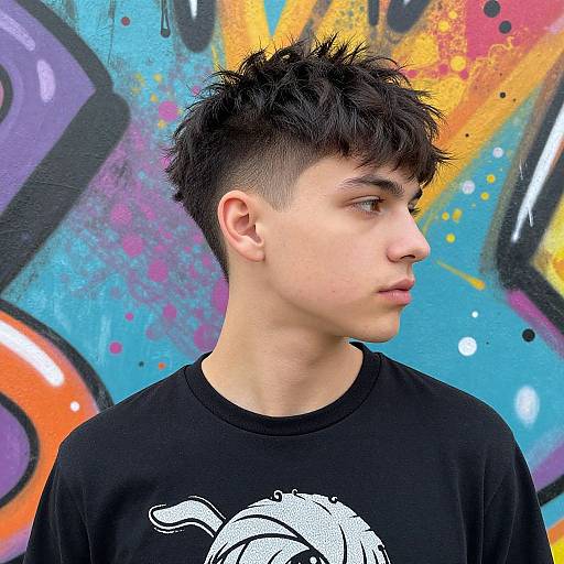 Photograph of a young, light-skinned male with spiky black hair, wearing a black shirt with a white graphic, standing against colorful, graffiti