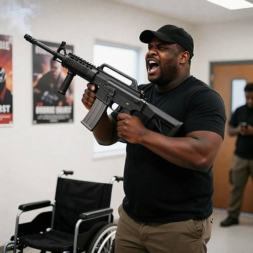 Intense Man with Rifle in Urban Setting