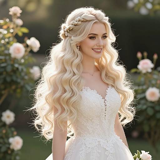Photograph of a smiling blonde woman with long, wavy hair, wearing a white lace wedding dress, standing in a sunlit garden with pink roses