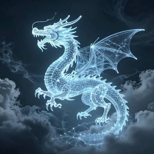 Digital CGI of a glowing, white wireframe dragon with detailed scales, wings, and claws soaring through a dark, cloudy night sky.