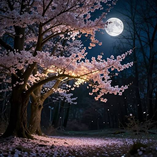 Photograph of a moonlit night scene with a blooming cherry tree, illuminated by fairy lights, surrounded by dark forest and a glowing full moon.