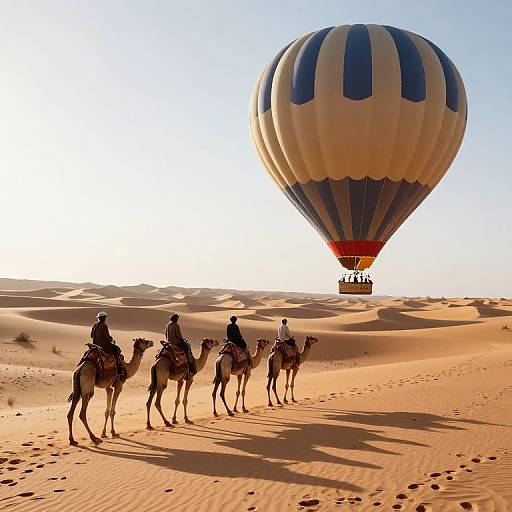 Photograph of four camels with riders in a sunlit desert, silhouetted against a large, striped hot air balloon ascending in the clear